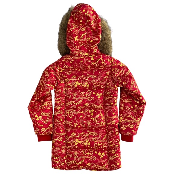 G-Unit Faux Fur Trim Hooded Long Sleeves Gold & Red Puffer Jacket Girl’s Size M - Picture 2 of 15